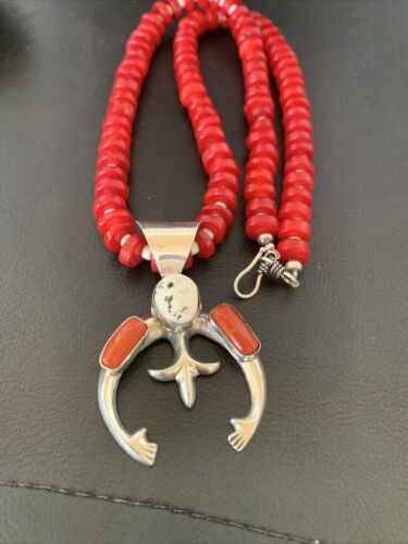 Navajo White Buffalo Turquoise Coral Naja Pendant | Sterling Silver | Authentic Native American Handmade | 10519