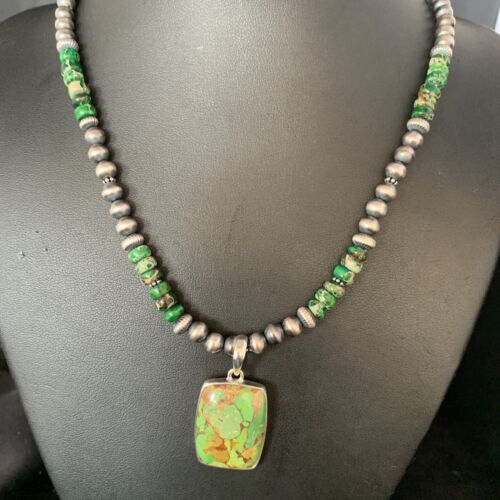 Navajo Pearls Green Mojave Turquoise Pendant Necklace | Sterling Silver | Native American Handmade | 13462