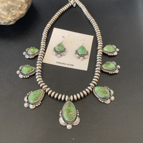Navajo Sterling Silver Choker Necklace with Sonoran Gold Turquoise Earrings | Authentic Native American Handmade | 11536
