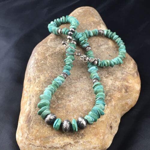 Men's Navajo Blue Green Turquoise Necklace | Sterling Silver | 19" | Authentic Native American Handmade | 10131