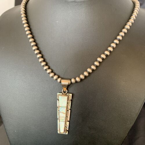 Navajo White Opal Inlay Pendant | Sterling Silver | 2" | Authentic Native American Handmade | 10917