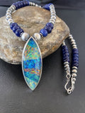 Men's Sterling Silver Necklace | Blue Lapis Bead Opal Inlay Pendant | Authentic Native American Handmade | 10585