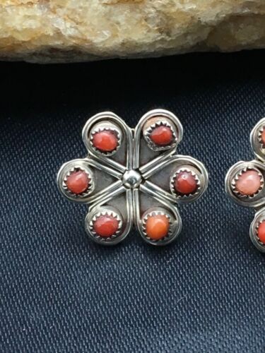 Native American Zuni Cluster Necklace and Coral Earrings Set | Sterling Silver | 0.6" | 1074