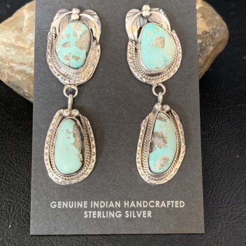 Navajo Blue Dry Creek Turquoise Post Dangle Earrings | Sterling Silver | Authentic Native American Handmade | 13880