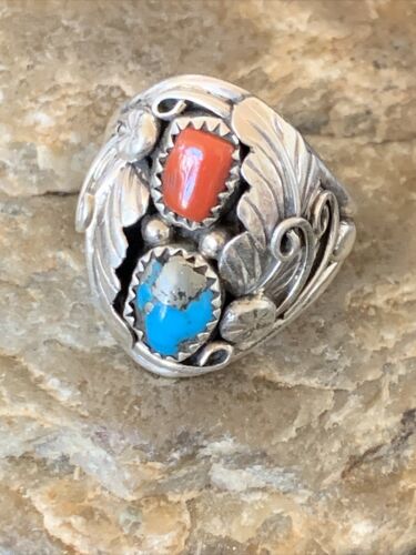 Navajo Feather Ring with Blue Kingman Turquoise, Coral, and Multi-Stone | Authentic Native American Sterling Silver | Sz 11 | 12216