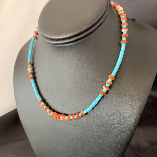 Navajo Sterling Silver Spiny Oyster Turquoise Necklace | 16" | Authentic Native American Handmade | 10692