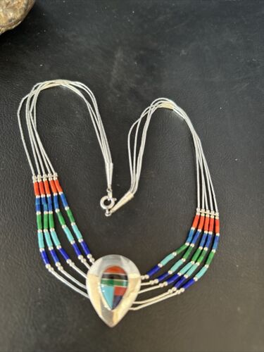 Multi-Color Liquid Silver Heishi 5-Strand Necklace | Sterling Silver Pendant | Native American Handmade | 14824 - Masha USA
