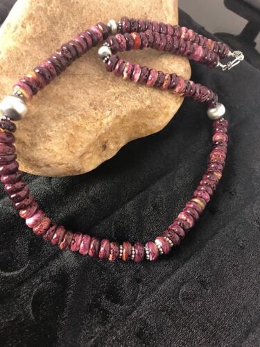 Navajo Purple Spiny Oyster Bead Necklace | 10mm | Sterling Silver | Authentic Native American Handmade | 23" | 409