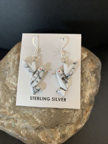 Navajo Sterling White Buffalo Turquoise Hummingbird Dangle Earrings | 1" | Authentic Native American Handmade | 12313