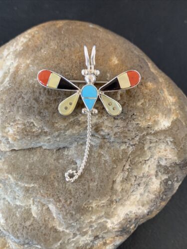 Zuni Turquoise Yellow Mother of Pearl Inlay Dragonfly Necklace Pin Pendant | Sterling Silver | 12323
