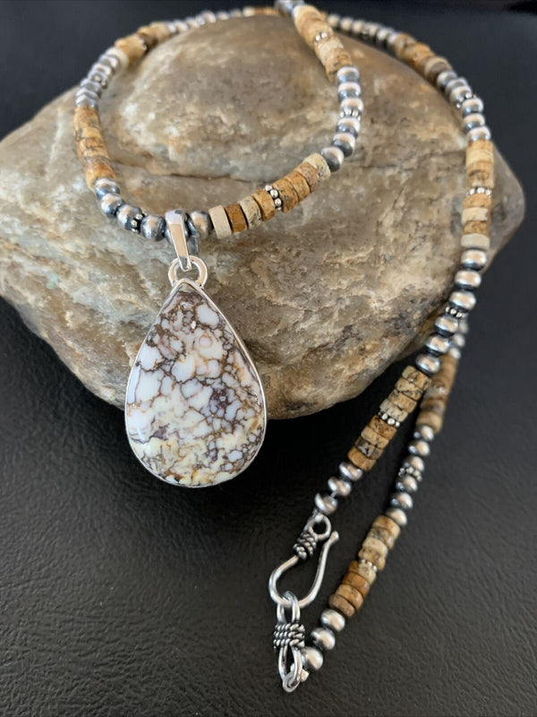 Men's Navajo Wild Horse Picture Jasper Pendant | Sterling Silver Necklace | Authentic Native American Handmade | 10332