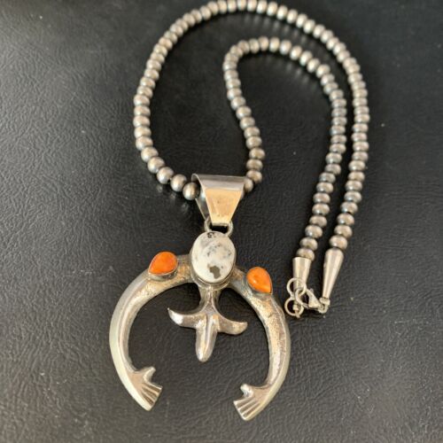 Navajo White Buffalo Turquoise & Spiny Oyster Naja Pendant | Sterling Silver | Authentic Native American Handmade | 13647