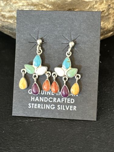 Navajo Multi-Color Turquoise Spiny Opal Inlay Sterling Earrings 1" | Handmade | 14410