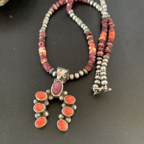 Navajo Purple Spiny Oyster Cluster Necklace | Sterling Silver Naja Pendant | Authentic Native American Handmade | 13154