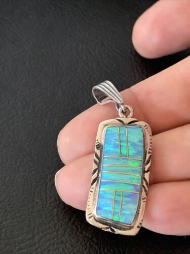 Authentic Native American Navajo Sterling Silver Pendant | Blue Faux Opal Inlay | 01480