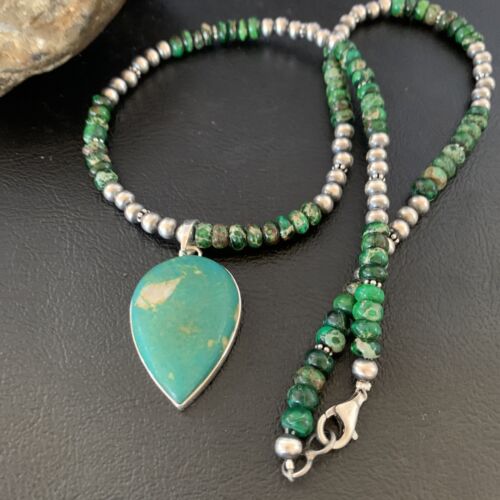 Navajo Green Turquoise Pendant Necklace | Sterling Silver Beads | Authentic Native American Handmade | 13367