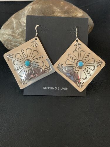 Navajo Turquoise Stamped Earrings | Sterling Silver | Authentic Native American Handmade | 1205