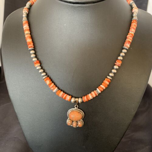 Navajo Pearl Necklace with Red Apple Coral, Spiny Oyster Pendant | Authentic Native American Sterling Silver | Multi-Stone | 12374
