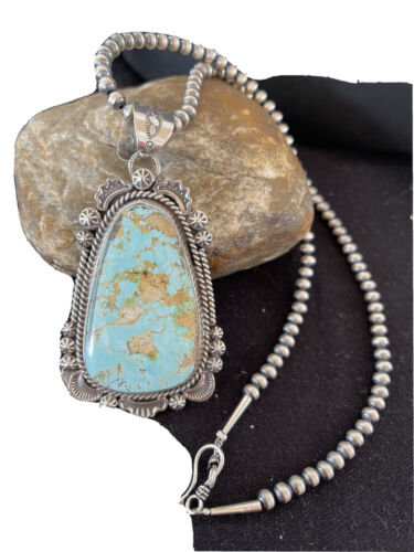 Navajo Royston Turquoise Pendant Necklace | Sterling Silver | Authentic Native American Handmade | 01365