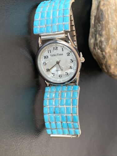 Men's Zuni Sterling Silver Watch with Blue Turquoise Inlay Tips | Authentic Native American Jewelry | 2119