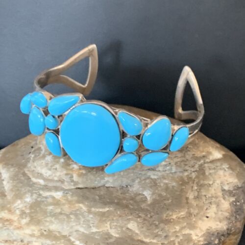 Navajo Sterling Silver Blue Kingman Turquoise Cuff Bracelet | 13 Stone | Authentic Native American Handmade | 12692
