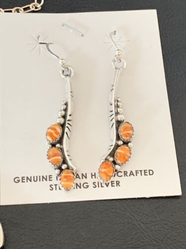 Navajo Orange Spiny Oyster Necklace Earrings Set | Sterling Silver | Authentic Native American Handmade | 2103