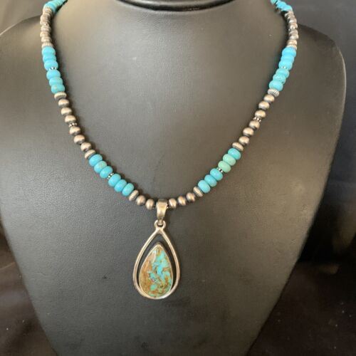 Navajo Blue Turquoise Pendant Necklace | Sterling Silver | Authentic Native American Handmade | 13869