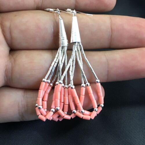 Native American Liquid Silver Heishi Dangle Earrings | Pink Coral | Sterling Silver | 2" | 2029