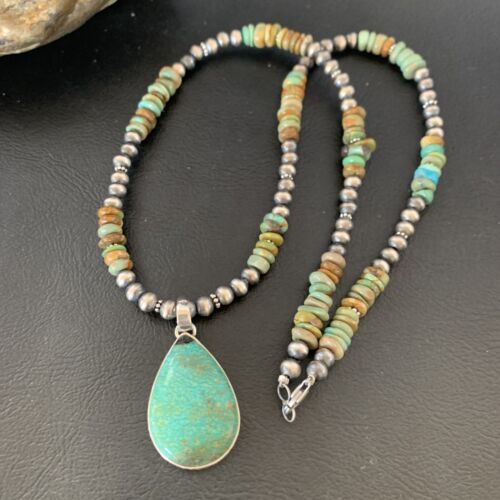 Navajo Royston Bead Green Turquoise Necklace Pendant | Sterling Silver | Authentic Native American Handmade | 11920