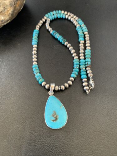 Navajo Pearl Necklace with Blue Kingman Turquoise Pendant | Sterling Silver | 11739