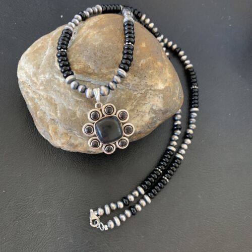 Navajo Pearl Necklace Pendant | Authentic Native American Sterling Silver Black Onyx | Multi-Stone | 22" | 12270