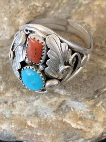 Navajo Blue Kingman Turquoise & Coral Feather Ring | Authentic Native American Sterling Silver | Multi-Stone | Sz 12 | 12217