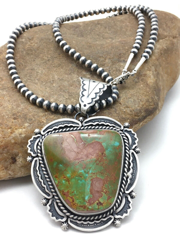 Royston Turquoise Pendant | Navajo Pearls Sterling Silver Necklace | Authentic Native American Handmade | 4276