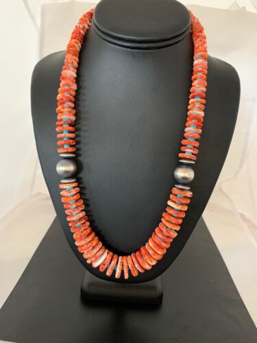 Red Spiny Oyster & Blue Turquoise Graduated Necklace | Sterling Silver | Authentic Native American | 25" | 13712