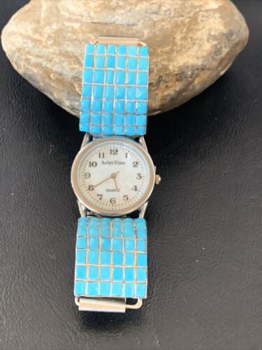 Men's Zuni Sterling Silver Watch with Blue Turquoise Inlay Tips | Authentic Native American Jewelry | 2119