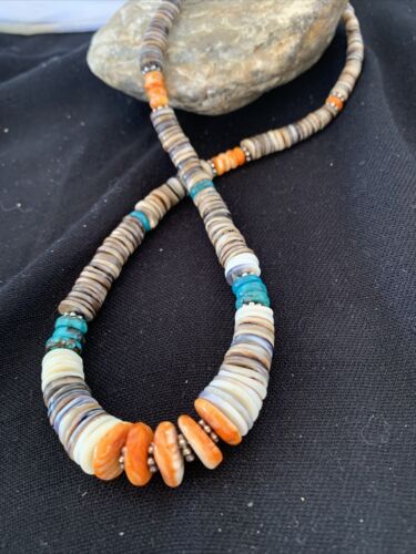 Authentic Native American Navajo Multi-Color Shell Necklace | Sterling Silver | Graduated 20" | 00926