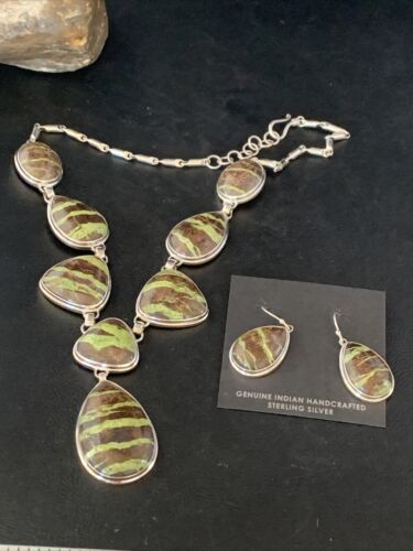 Navajo Green Gaspeite Necklace Choker Earrings Set | Sterling Silver Pendant | 19" | Authentic Native American Handmade | 13795