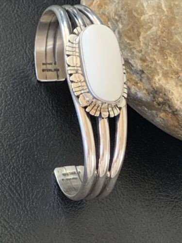 Navajo White Buffalo Turquoise Cuff Bracelet | Sterling Silver | Authentic Native American Handmade | 1423