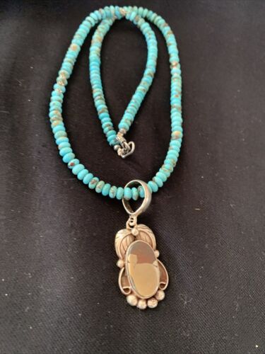 Navajo Blue Turquoise Sterling Silver Necklace | Pyrites Pendant | Southwestern 01393