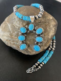 Navajo Blue Turquoise Necklace with Sterling Silver Naja Pendant | Authentic Native American Handmade | 02017