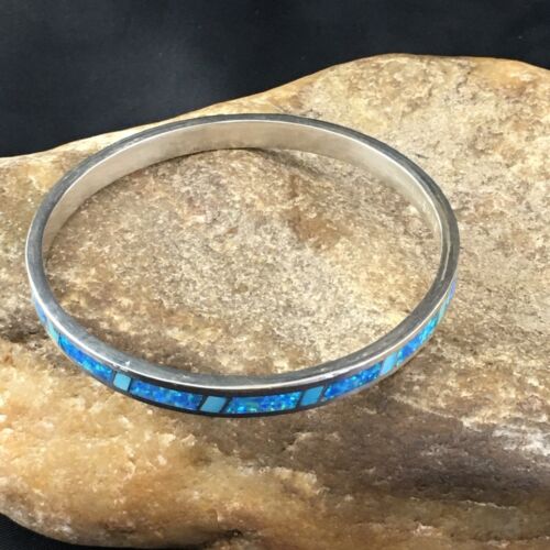 Navajo Blue Opal Inlay Bracelet | Sterling Silver | 8" Bangle | Authentic Native American Handmade | 10195