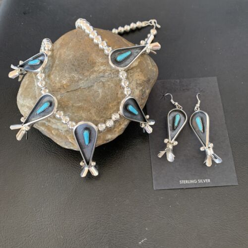Navajo Squash Blossom Necklace & Earrings Set | Kingman Turquoise | Sterling Silver | Authentic Native American Handmade | 10925