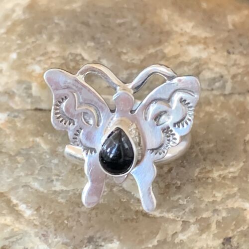 Southwestern Navajo Black Onyx Butterfly Ring | Sterling Silver | Adj Sz 8 | 10385