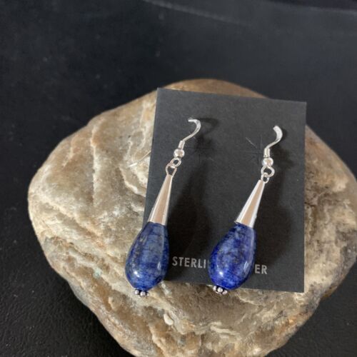 Navajo Lapis Lazuli Bead Dangle Earrings | Sterling Silver | 1" | Authentic Native American Handmade | 13330