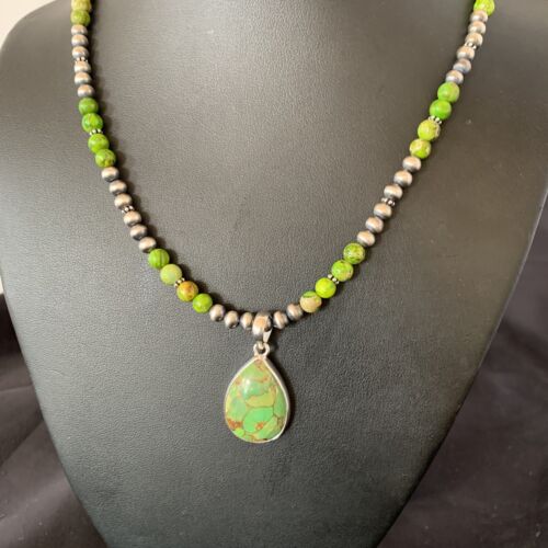 Navajo Pearl Necklace with Green Mojave Turquoise Pendant | Sterling Silver | Authentic Native American Handmade | 11759