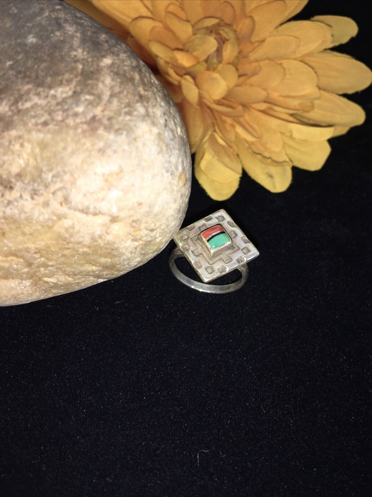 Navajo Women's Turquoise, Coral & Onyx Inlay Ring | Sterling Silver | Sz 5.5 | Authentic Native American Handmade | 01797