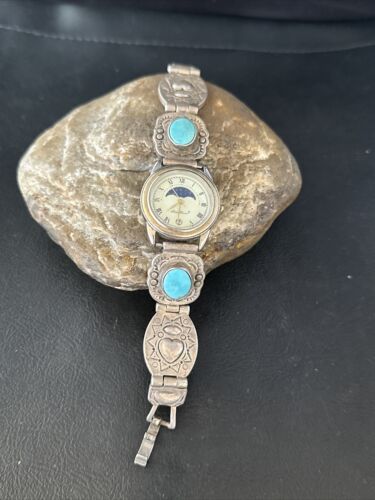 Old Pawn Women's Blue Turquoise Navajo Sterling Silver Watch Tips | Authentic Native American Jewelry | 14757