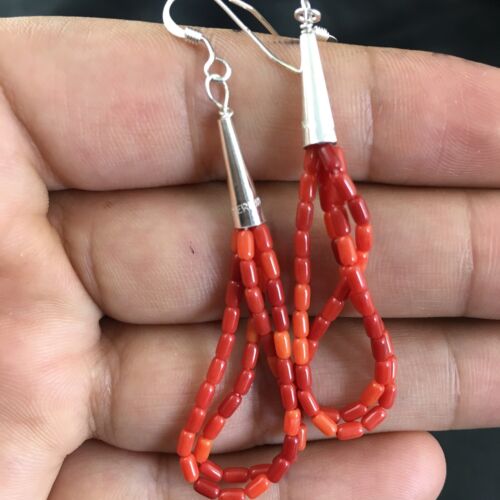 Handmade Liquid Silver Heishi Dangle Earrings | Apple Sponge Coral Tube | Sterling Silver | 2" | 1095 - Masha USA