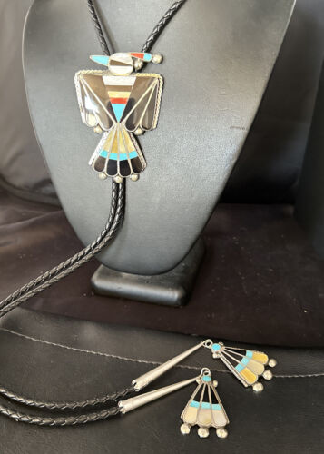 Men's Bolo Tie | Zuni Thunderbird Kingman Turquoise Inlay | Sterling Silver | 14232