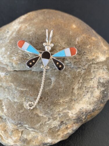 Zuni Turquoise Mother of Pearl Inlay Dragonfly Necklace Pin Pendant | Sterling Silver | 12322